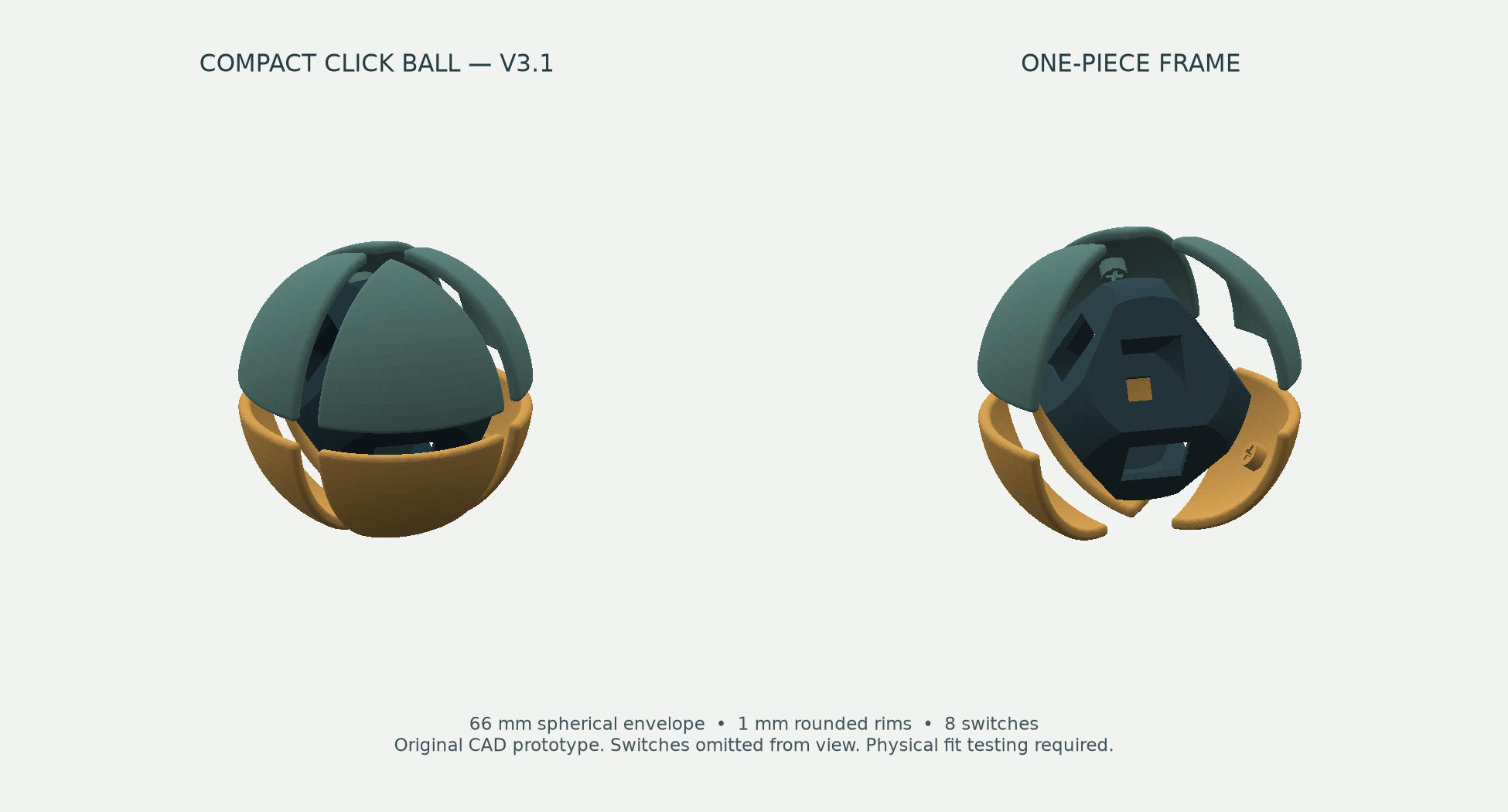 Development render of a teal and ochre fidget click ball